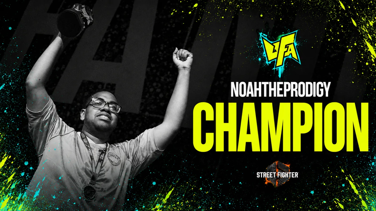 Horizontal adaptation of the UFA 2026 championship graphic, showing Noah The Prodigy raising his trophy beside his name and Champion title.