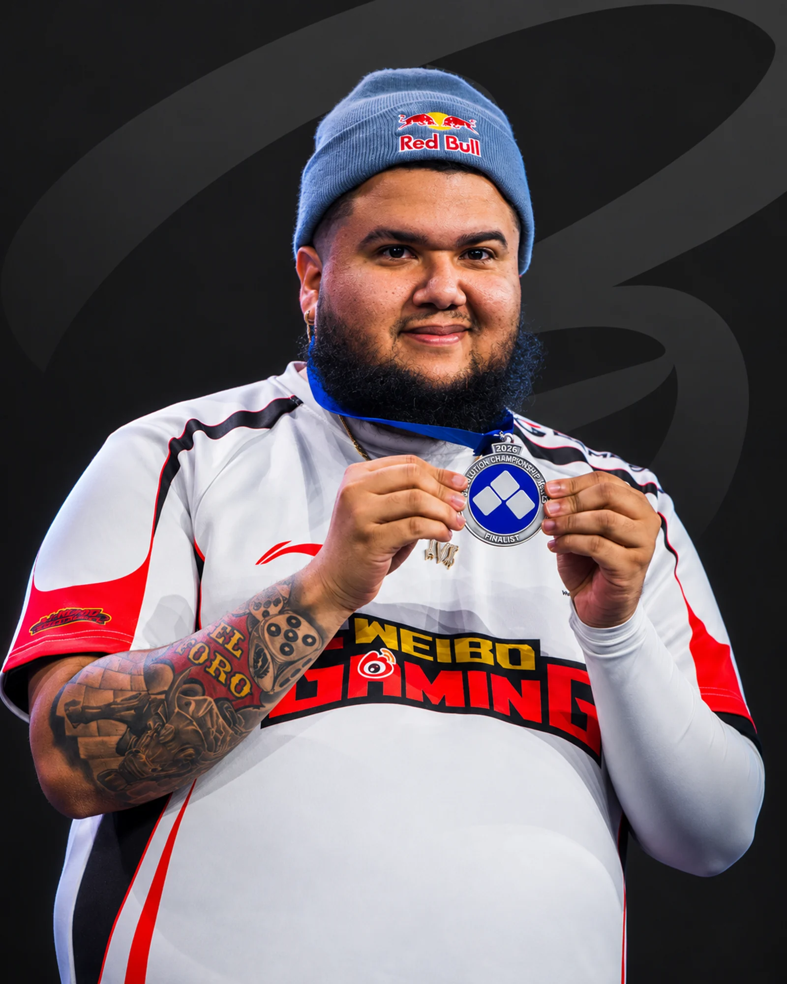 MenaRD wearing his Weibo Gaming uniform and finalist medal against the Bandits portrait background